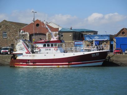 Fishing vessel DA66 DA.66 Mater Dei moored at Howth harbour village, Co. Dublin, Ireland