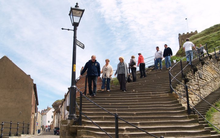 Location 18c: The climb up the 199 steps to St Mary's Church n the cliff above Whitby Town (the church tower can just be seen on the top right).