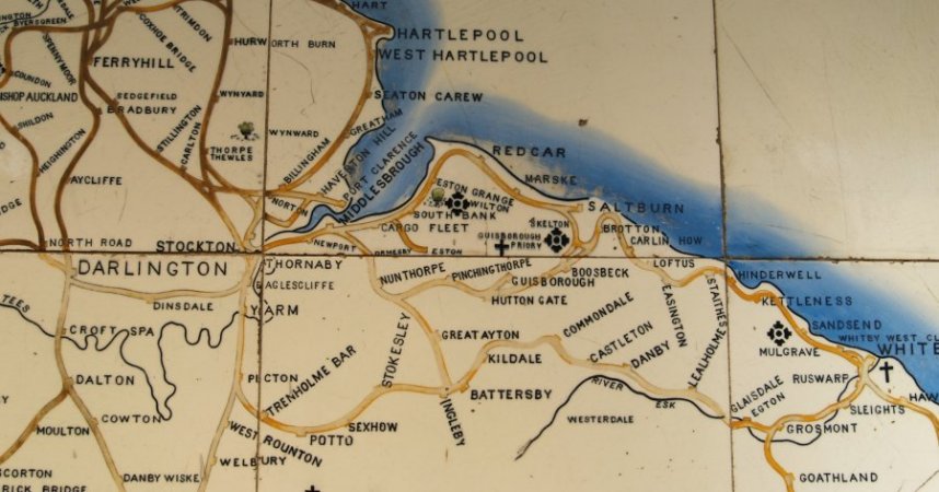 Location 01b: On platform 2 of Middlesbrough Station is the original tiled map of all the North Eastern Railway Company lines in the late 19th century, so from the late 19th century onwards you could go from Darlington to Whitby for a day trip to the seaside, courtesy of the NER.