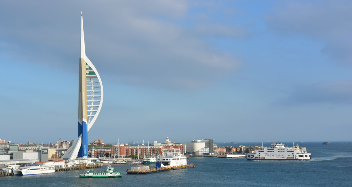 Spinnaker Tower, below Gosport Ferry on the right WIGHTLINK ferry to the Isle of Wight Portsmouth to Santander Brittany Ferries