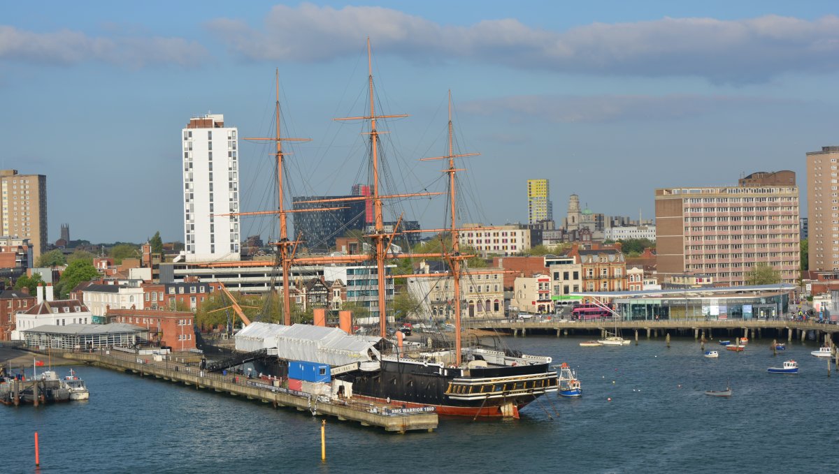 hstoric Royal Navy vessel HMS WARRIOR built in1860 in Portsmouth Harbour's historic dockyard Portsmouth to Santander Brittany Ferries