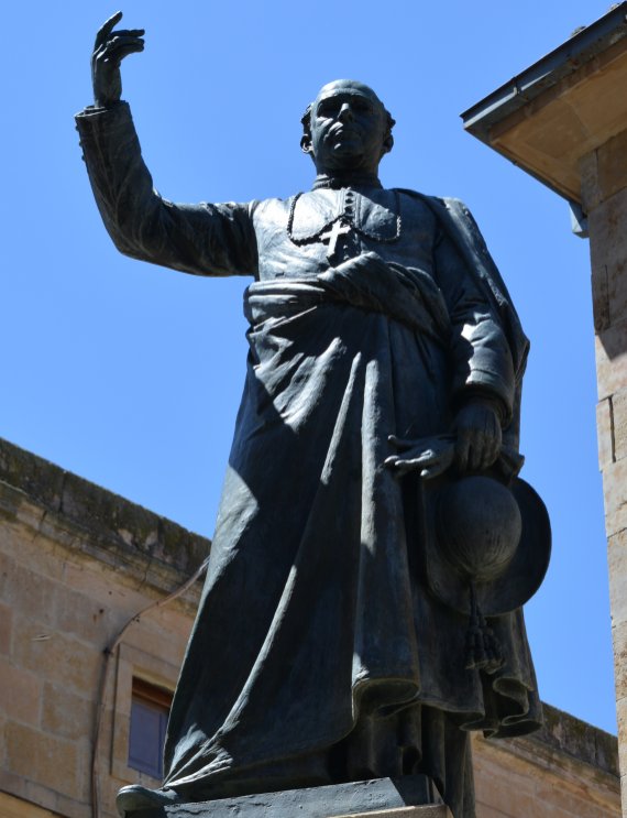 Salamanca statue of Padre Tomas Camara dedicated to a former Bishop of Salamanca in the Plaza, noted for his social action in the construction of hospitals and church restoration Spain