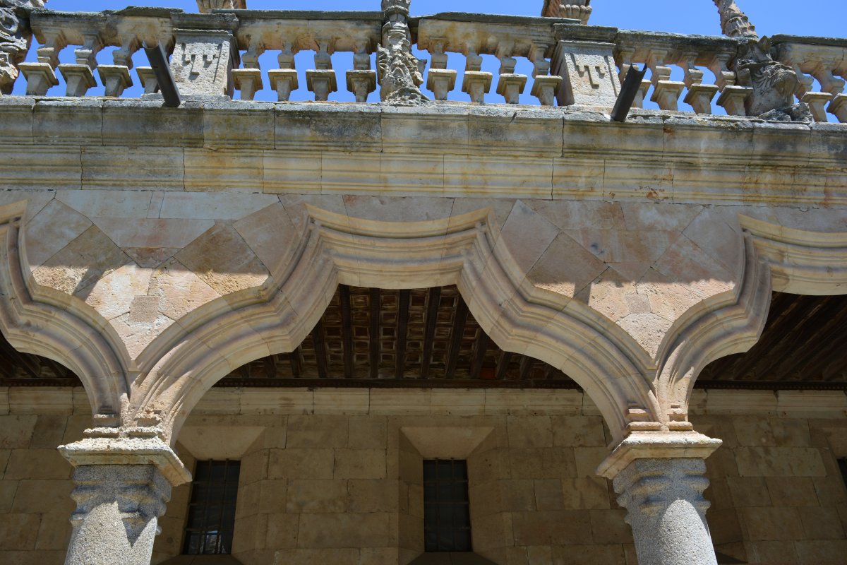 Moorish arches and Christian architectural influences in the University Courtyard of Salamanca, Spain