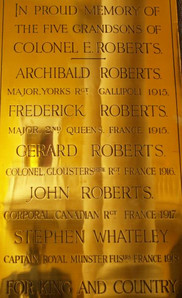 Roberts 1914-1918 War Memorial First World War brass memorial plaque to deaths of five grandsons of Colonel E. Roberts and death of a great grandson in World War Two. Indeed, Fortuna Desperata, for this tragic family loss Christ Church Cathedral, Waterford, Ireland
