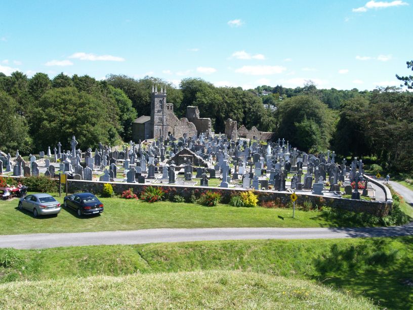 A view of the ruined church of St Mullin's and graveyard from the top of the Norman Motte Walk from Graiguenamanagh to St Mullins, Co. Kilkenny