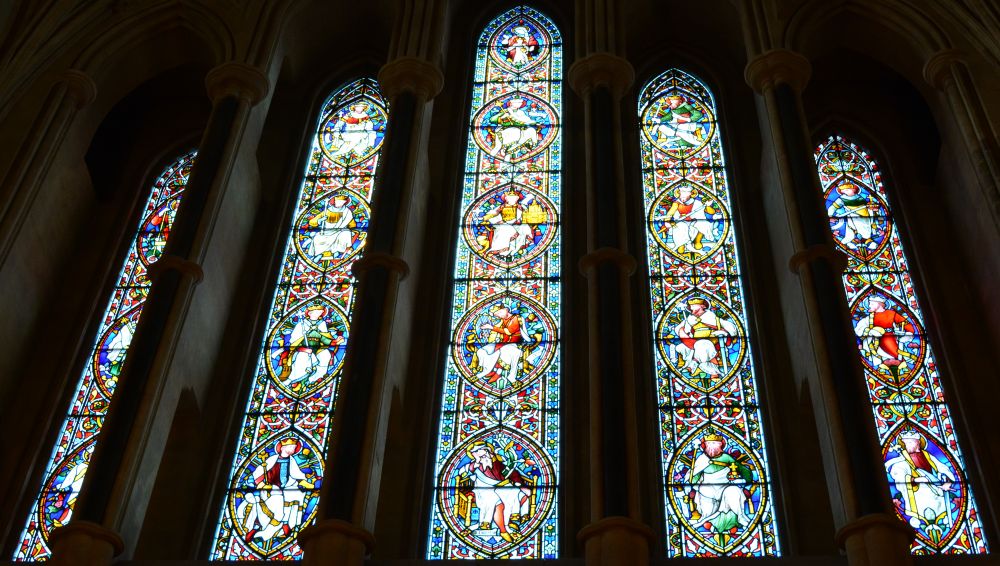 The five lancet stained glass window panels in the West Bay of Christ Church Cathedral, Dublin