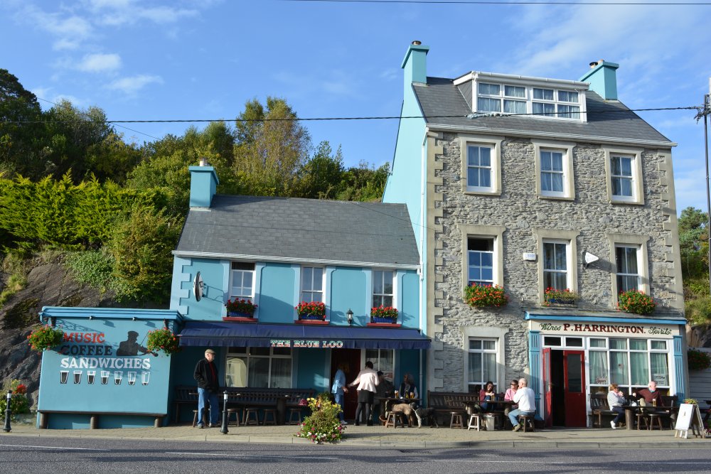 The Blue Loo bar with WiFi (music with sandwiches!), plus P Harrington's pub bar on Main Street Glengarriff, West Cork, Ireland