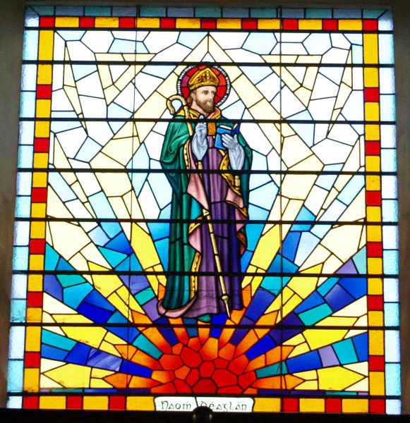 Stained glass window of St Declan in St Declan's RC Church, Ardmore, Co. Waterford, Ireland