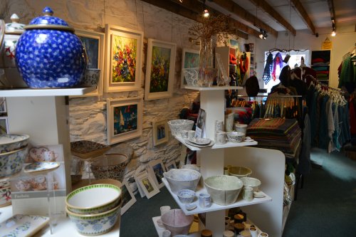 Inside the main gallery of arts and crafts products of the Hungry Hill Gallery, Beara