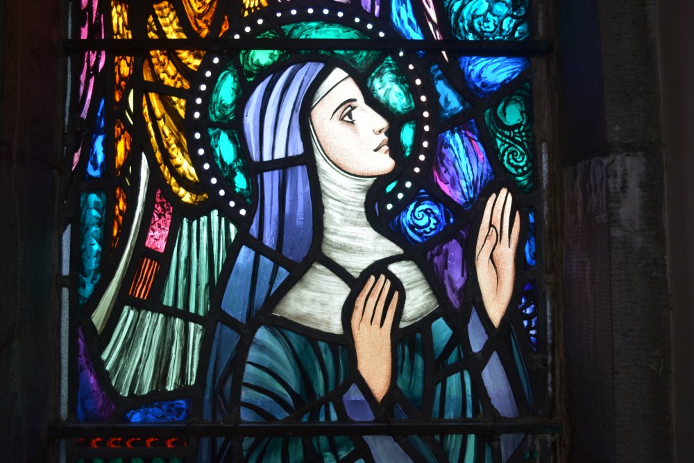 Virgin Mary detailed images stained glass window panels Mount Melleray Abbey, Co. Waterford, Ireland