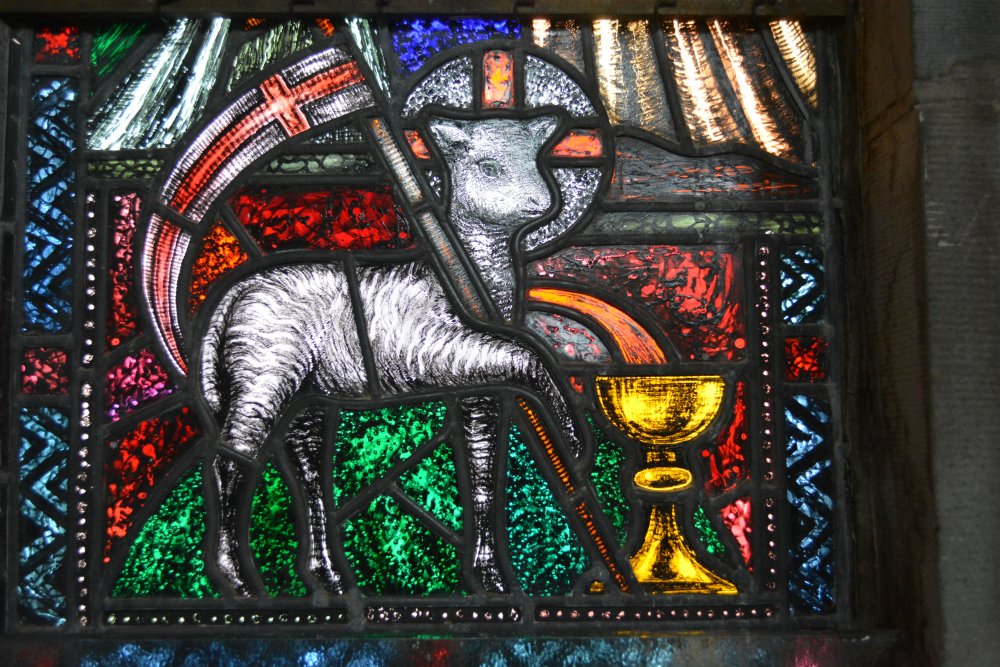 The sacrificial lamb of God detailed images stained glass window panels Mount Melleray Abbey, Co. Waterford, Ireland
