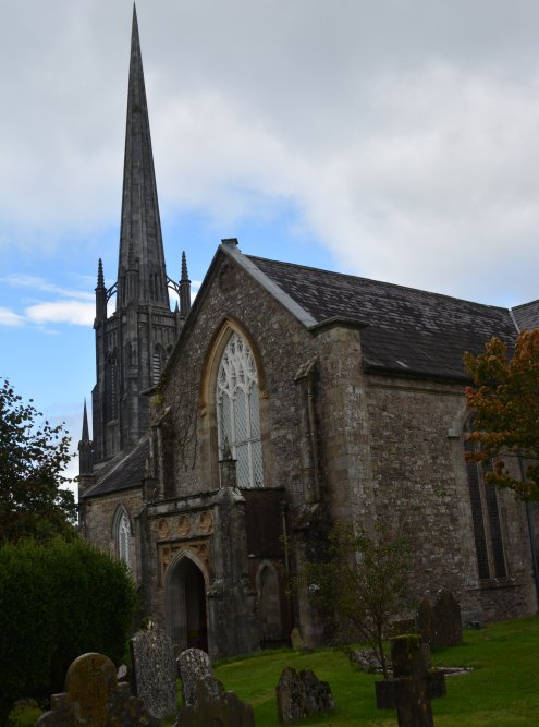 The church spire and entrance to St Carthage Cathedral, Town of Lismore, Co. Waterford, Republic of Ireland
