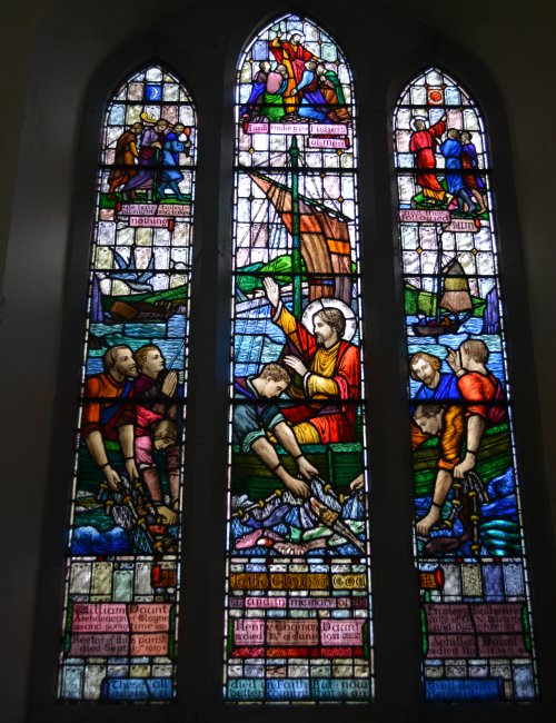 A nautical themed stained glass window in memory of William Daunt, Henry Thomas Daunt and Frances Katherine Dunne St Multose Church Kinsale Co. Cork Ireland medieval building