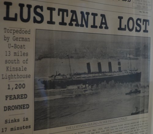The Lusitania tragedy reported in the local newspapers of Cork museum in signal tower Old Head of Kinsale, Co. Cork, Ireland