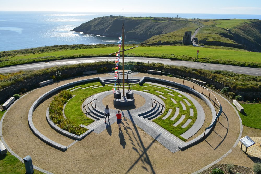 Looking down on the Lusitania memorial garden from the top of the signal tower Old Head of Kinsale, Co. Cork, Ireland