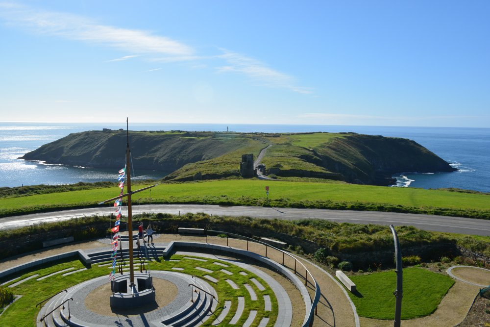 Looking across the Old Head of Kinsale from the top of the signal tower with the 17th century lighthouse in the distance Old Head of Kinsale, Co. Cork, Ireland