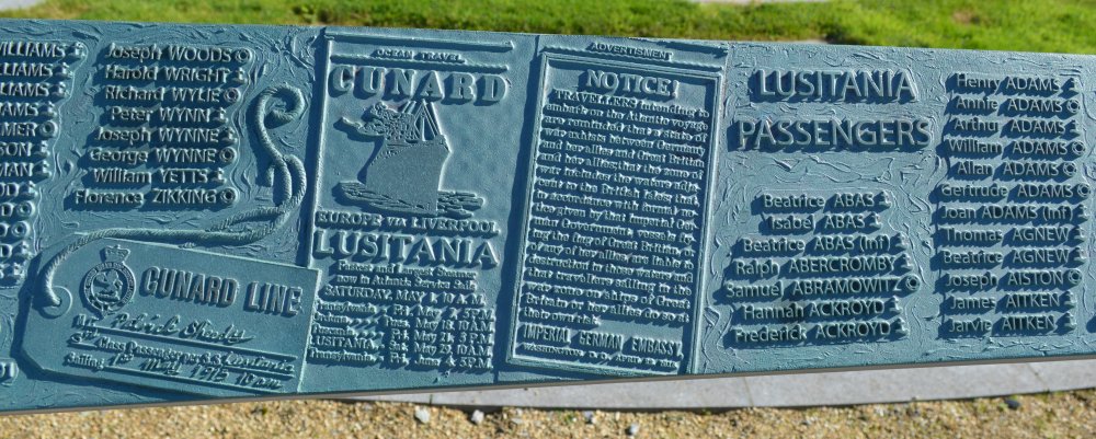iconic sculpture images sinking of the Lusitania and names of all lives crew and passengers who drowned signal tower museum memorial garden Old Head of Kinsale, Co. Cork, Ireland