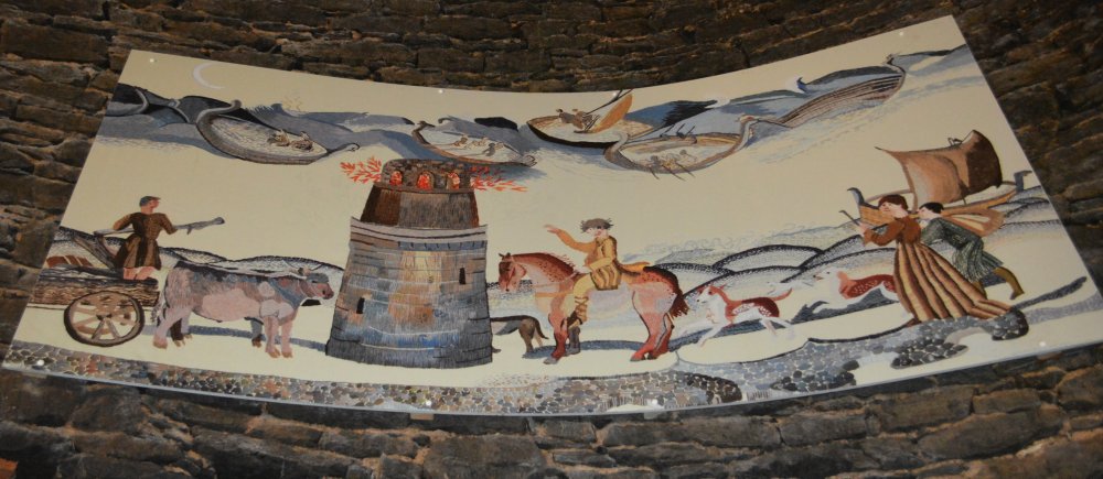 Medieval depiction of Hook Head Lighthouse on the Ros Tapestry Co. Wexford, Ireland