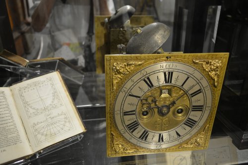 Example of the oldest surviving Irish verge bracket clock movement from ~1695 by Anthony Dunno of Dublin (separate from case) Irish Museum of Time, clock museum in Waterford, Ireland
