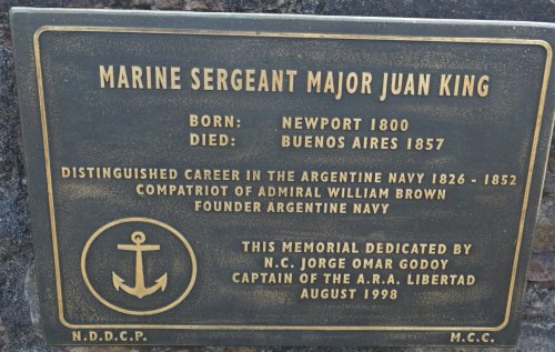plaque commemorating Marine Sergeant Major Juan King born in Newport in 1800 (died 1857). He had a distinguished career in the Argentine Nay from 1826 to 1852 and a compatriot of Admiral William Brown, founder of the Argentine Navy Newport, Co. Mayo, Ireland