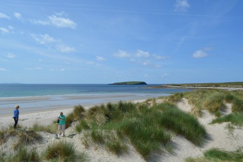 The lovely Keel beach and sand dunes to walk on after a good meal in the Beehive Cafe Keel, Achill Island, Co. Mayo, Ireland