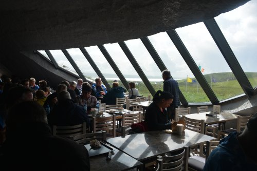 The restaurant of the Cliffs of Moher visitor centre, built and landscaped into an artificial hill Cliffs of Moher, Co. Clare,  Wild Atlantic Way, West of Ireland Coast