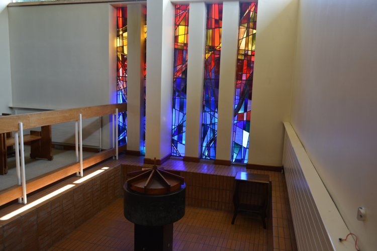 The lovely stained glass windows and font in St Bennett's Church, Bennettsbridge River Nore walk from Bennettsbridge to Killkenny, Co. Kilkenny, Ireland