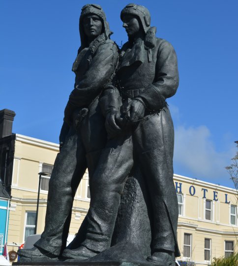 The memorial monument statue to the trans-Atlantic aviators Alcock and Brown in the Market Square, Clifden Clifden Town, Connemara, Co. Galway, Ireland