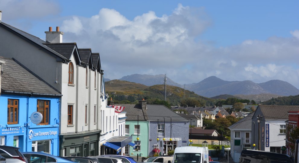 View of the mountains of Connemara from, Clifden Town, Connemara, Co. Galway, Ireland