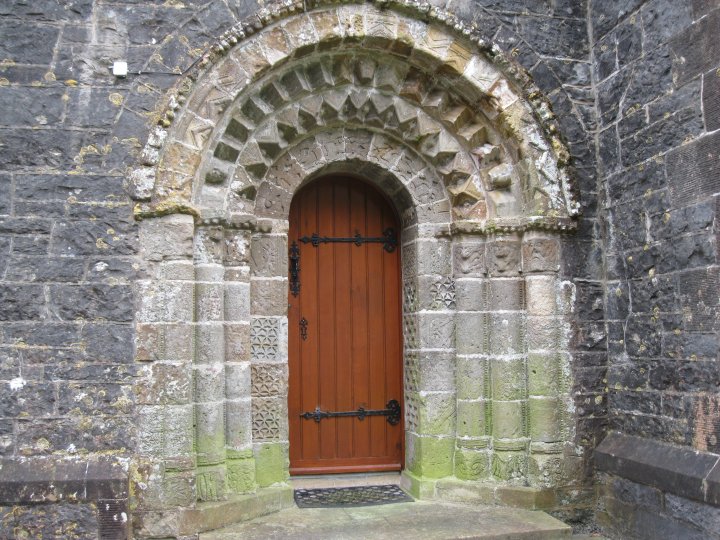 The highly decorated Romanesque arch doorway of Kilmore Cathedral Kilmore Cathedral, Saint Fethlimidh's Cathedral, Church of Ireland, Diocese of Kilmore, Co. Cavan, Ireland