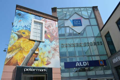 The buildings of the Shopping Centre around Dunnes Stores and Peter Mark is highly decorated with Street art. Waterford City Centre