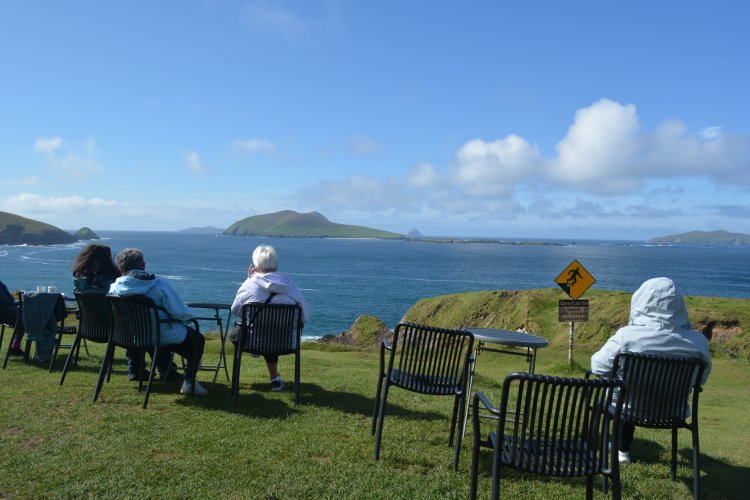 Views of the Blasket Islands from cliff top cafe above Dunquin village pier, Dingle Peninsula, Co. Kerry, Wild Atlantic Way, Ireland
