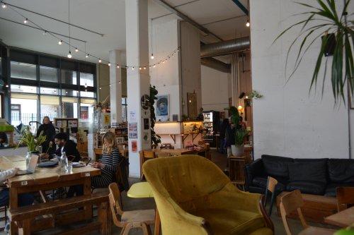 Comfortable seating in the interior of The Fumbally Cafe, Restaurant, Bakery & Shop, Dublin