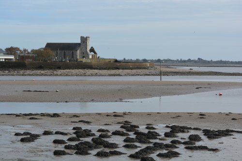 View from Dungarvan across the Colligan River estuary to the church and ruin of St Augustine at Abbeyside, Dungarvan, Co. Waterford, Ireland
