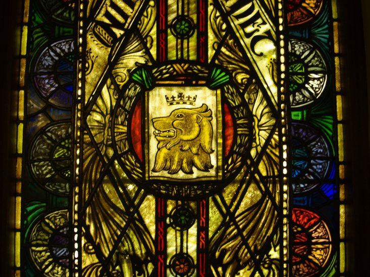 70. Panel of stained glass from the 19th century house in the museum of Castle Archdale, Co. Fermanagh, Northern Ireland (NI).