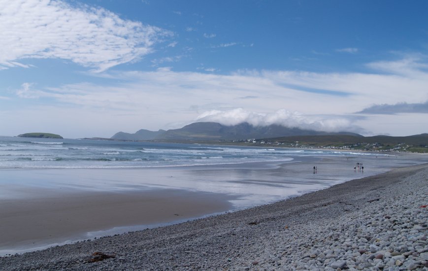 102. Hills, islands and a clouded Croaghaun Mountain from the sandy and pebbled beach of Keel Strand, Achill Island, Co. Mayo, Ireland. Keel village is on the far right of the beach (Trawmore Strand, 2 miles/3 km long -fantastic beach).