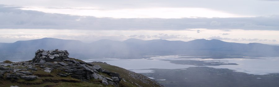 121. The summit of Slievemore Mountain, Achill Island, Co. Mayo, Ireland. Top: Looking west to the summit of Croaghaun and east to the Nephin Mountains on the mainland.