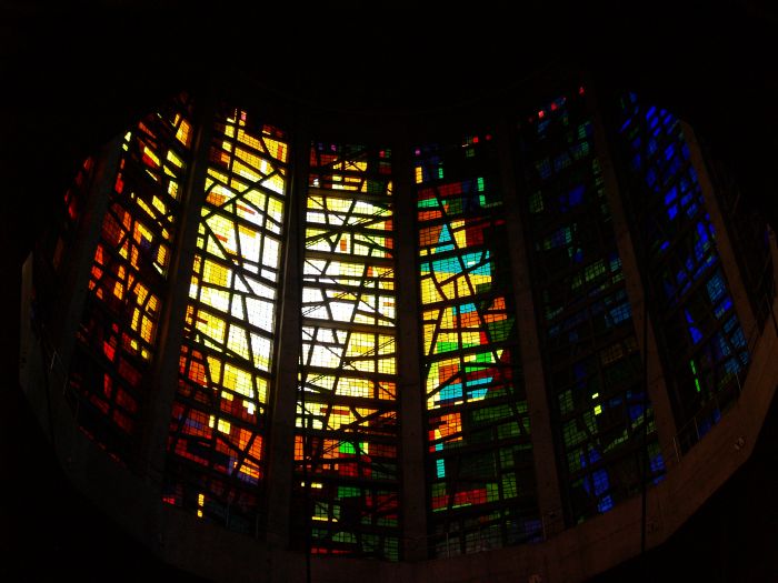 John Piper's stained glass window panels of the lantern the 'dome' of the cathedral RC Roman Catholic Cathedral Liverpool