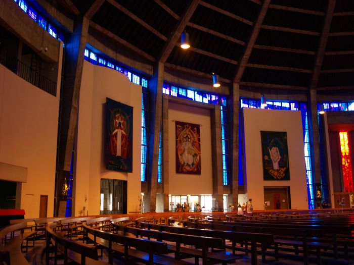 On the Cathedral interior walls are embroidered hangings designed and made in the Cathedral Art Studio RC Roman Catholic Cathedral Liverpool