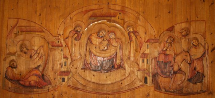 The carved and painted panels in St Joseph's Chapel RC Roman Catholic Cathedral Liverpool