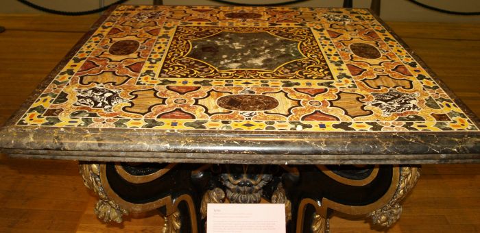 A table carved in marble and pietre dure (mosaics of semi-precious stones), walnut and lime, painted, Italian, probably Roman, late16th century. Walker Art Gallery Liverpool