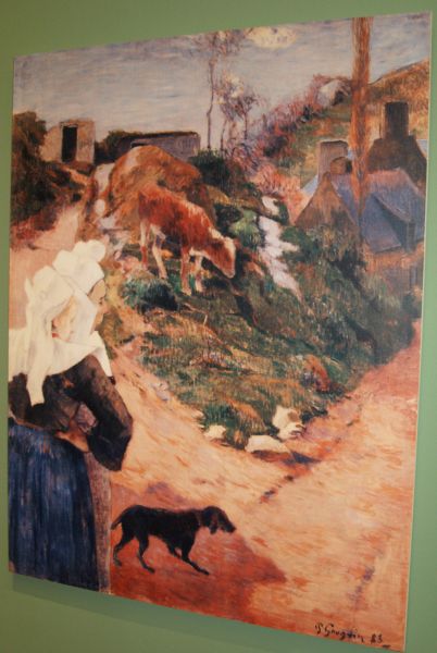 The painting 'Landscape from Brittany with Breton Woman, 1888' by the artist Paul Gauguin Walker Art Gallery Liverpool