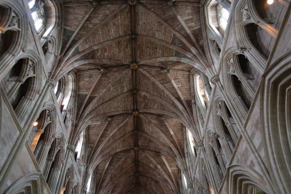 stone roof vaulting of the nave of Worcester Cathedral England