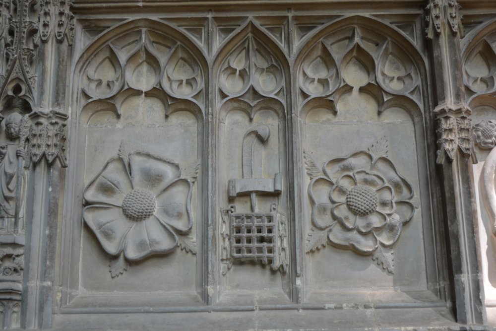 Heraldric carvings on the walls of Prince Arthur's tomb Worcester Cathedral England