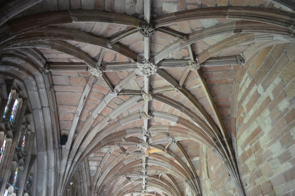 roof vaulting and bosses of the cloisters of Worcester Cathedral England