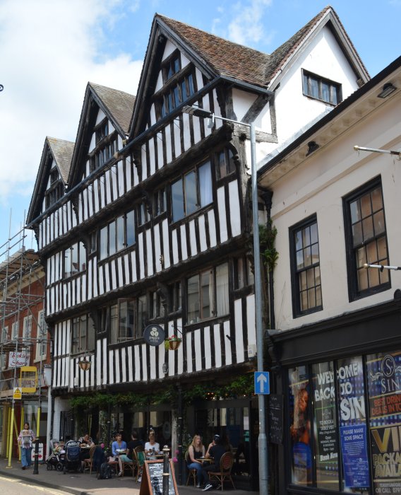 4-storey timber-framed building occupied by Papas Cafe 6-8 New Street Grade II listed building known as Nash House Worcester England