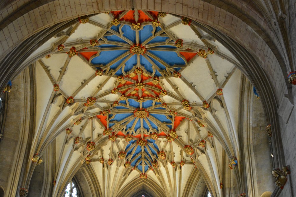 Details of the ceiling decoration of the choir of Tewkesbury Abbey Gloucestershire England