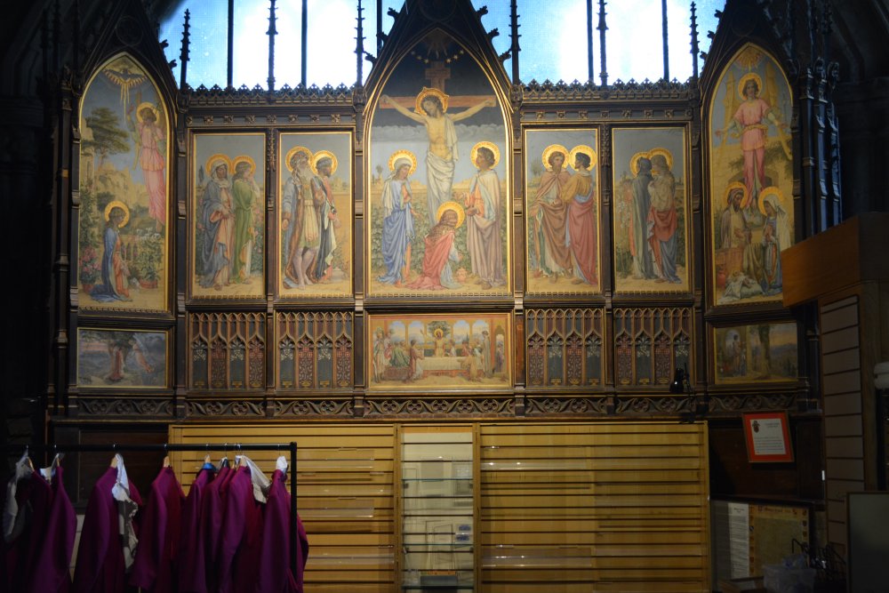 decorated altar piece in the Chapel of Saint James of Tewkesbury Abbey Gloucestershire England