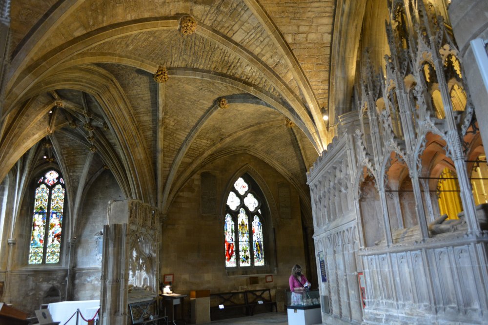 fine vaulting at the east end of Tewkesbury Abbey beyond the choir Tewkesbury Abbey Gloucestershire England
