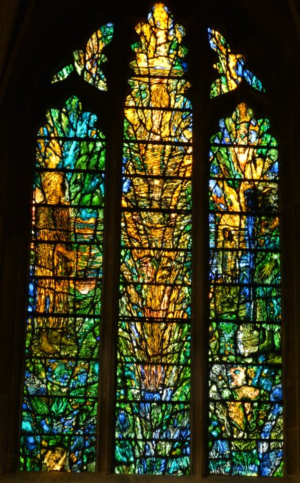 millennium stained glass windows by the artist Thomas Denny in Tewkesbury Abbey Gloucestershire England